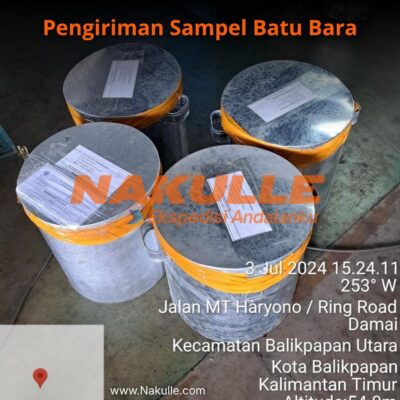 Dokumentasi pengiriman sampel batu bara dari Balikpapan ke Makassar oleh tim ekspedisi Nakulle Logistik